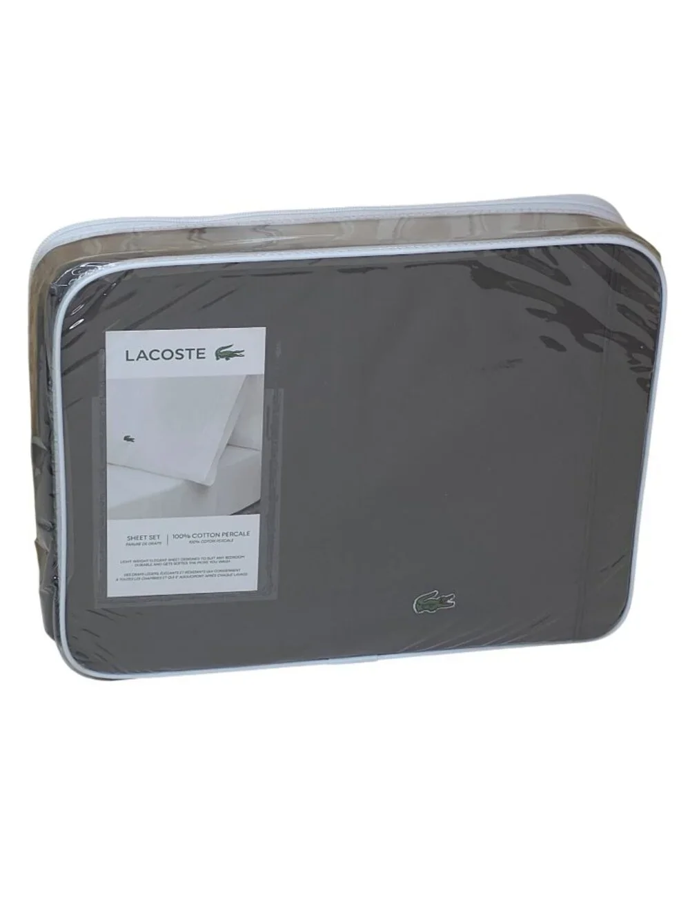 Lacoste 100% Cotton Percale Queen Sheet Set Dark Grey Crocodile Logo